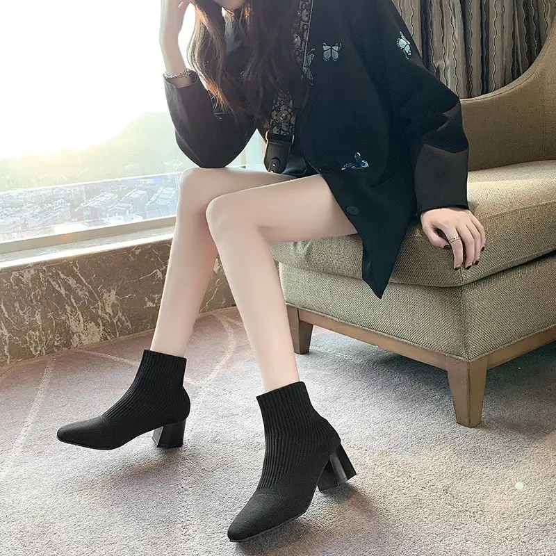 Women's Elastic Socks Square Heel Knitted Ladies Footwear