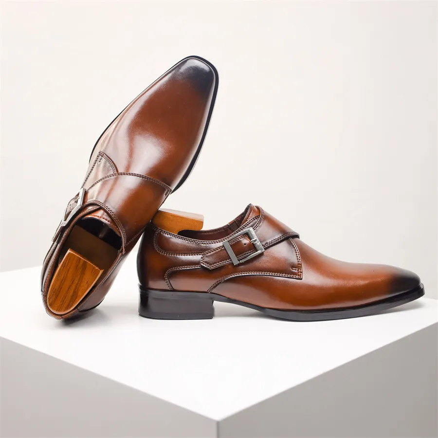 Latest Men's Cow Leather Dress Shoes with Buckle and Pointed Toe, Classic Formal Footwear for Business, Office, Social Events, and Weddings