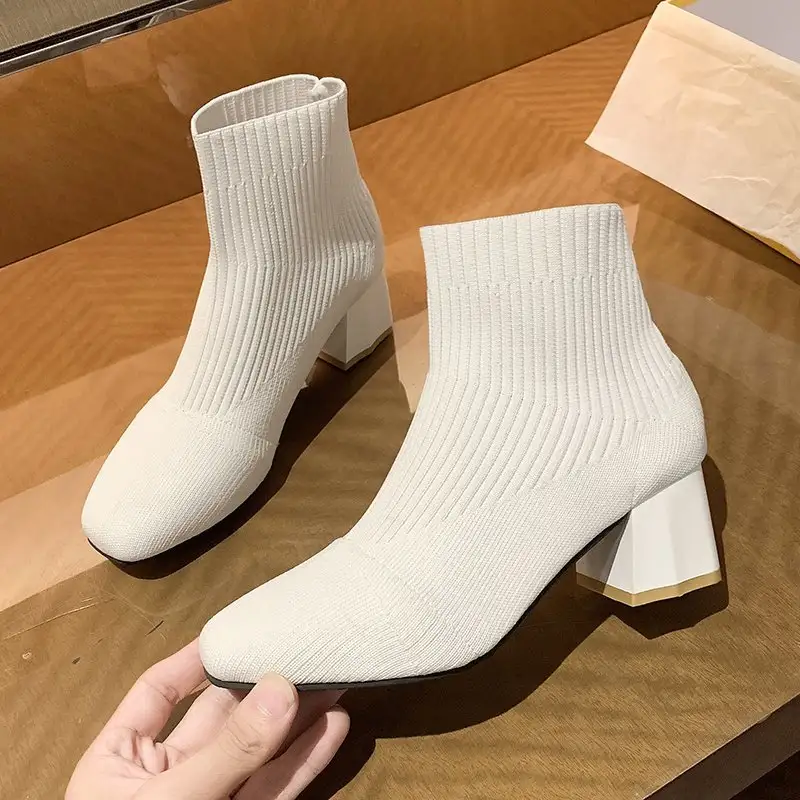 Women's Elastic Socks Square Heel Knitted Ladies Footwear