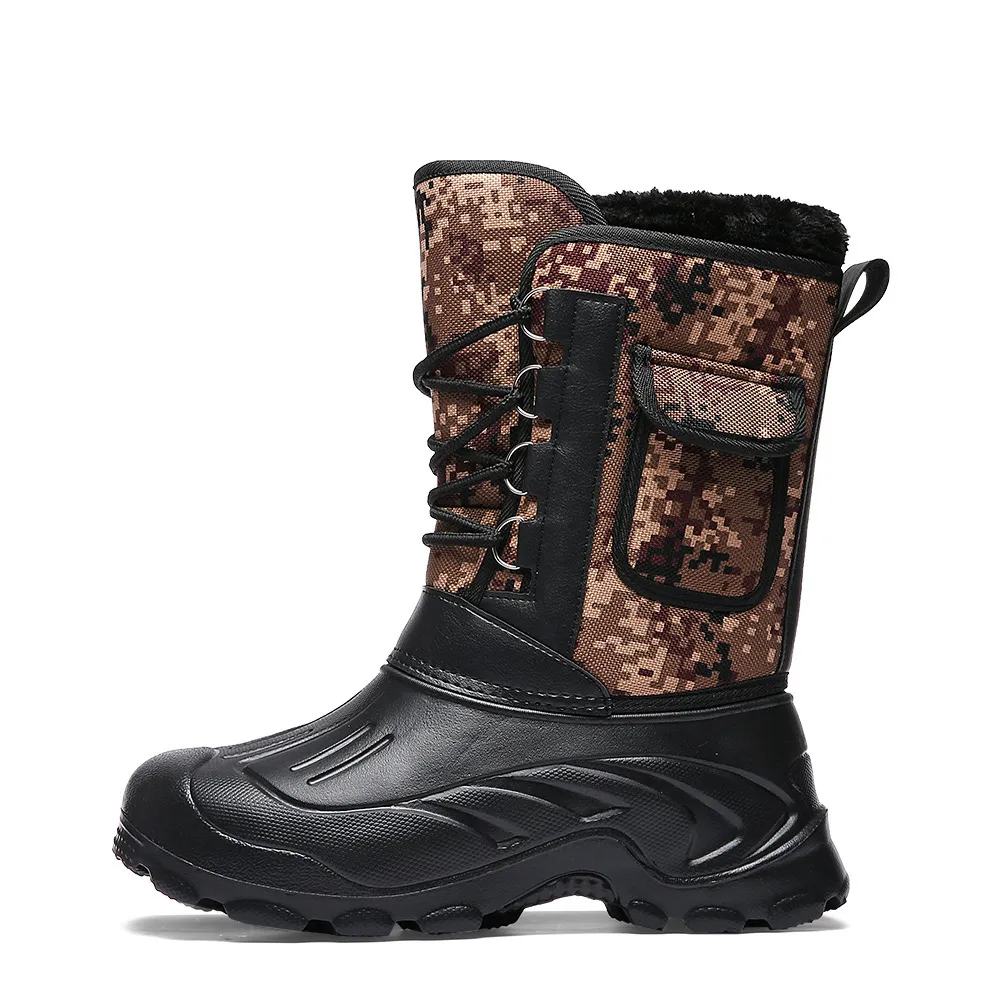 Winter Camouflage Rain Waterproof With Fur Plush Warm Male Mid Calf Work Fishing Snow Boots