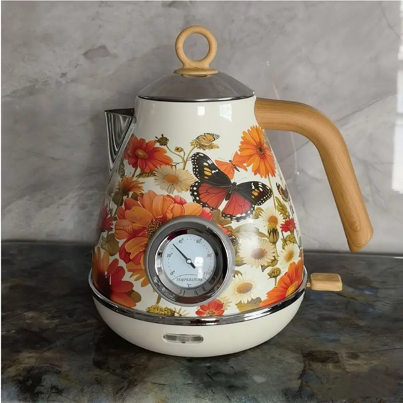 Retro Paint Decal Electrc Kettle Boiling Water With Thermometer Automatic Power Off 304 Stainless Steel Teapot