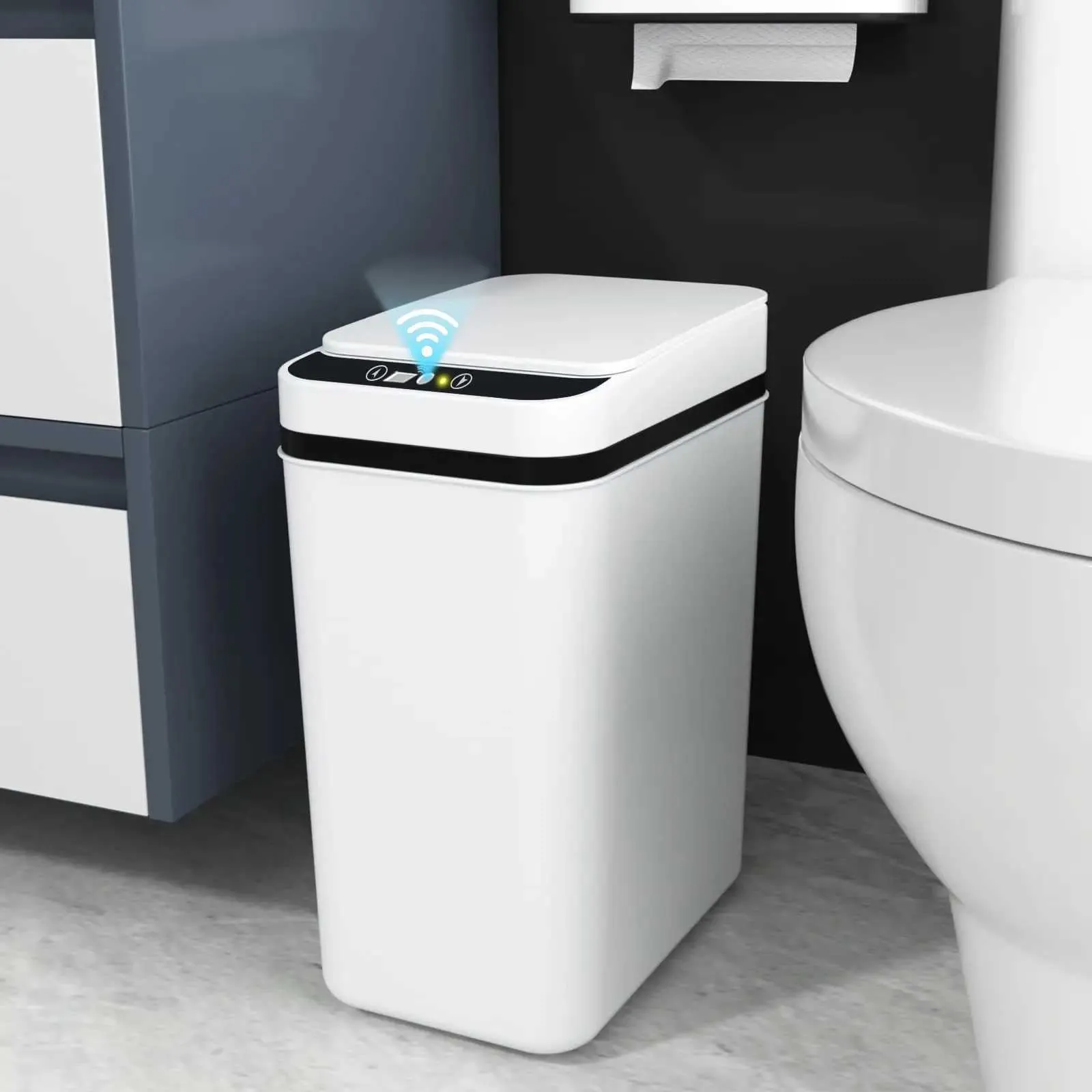 Bathroom Trash Can With Lid Touchless Automatic Trash Can Ultra-Thin Motion Sensor Smart Trash Can
