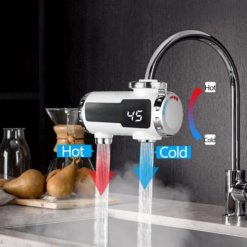 3000W Instant Electric Water Heater Faucet Hot and Cold Dual Outlet Tap with Temperature Display for Kitchen or Bathroom