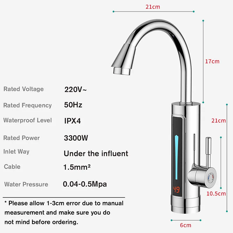 3300W 220V Instant Electric Faucet with LED Ambient Light Temperature Display Bathroom and Kitchen Instant Heating Tap