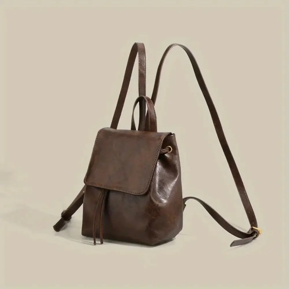 Small Drawstring Flap Backpack Women Mini PU Leath...