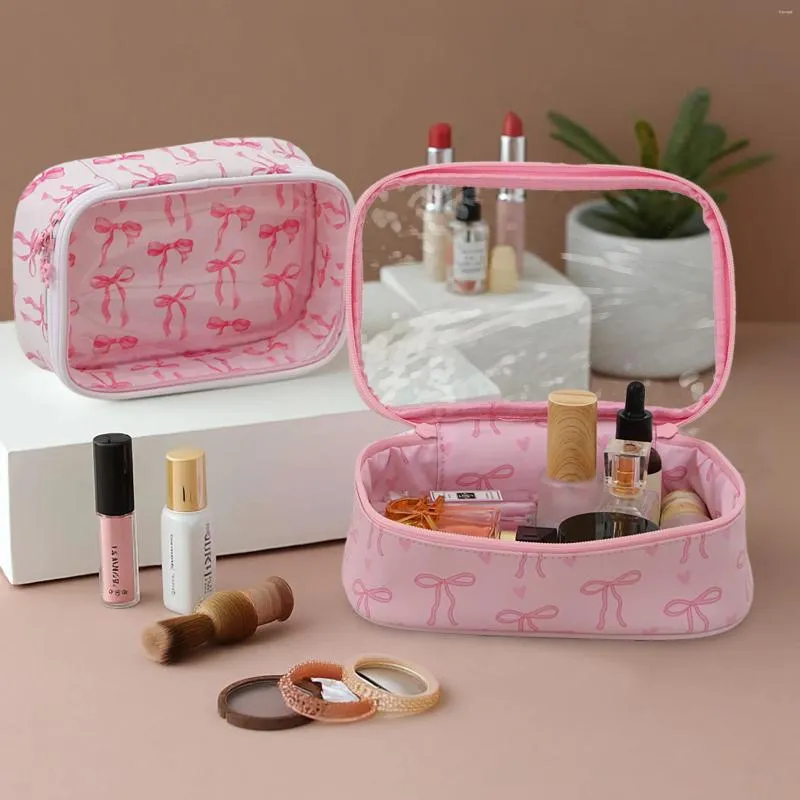 Cosmetic Bags PVC Bow Makeup Bag Transparent Pink Cute Waterproof Toiletry Trip Handbag