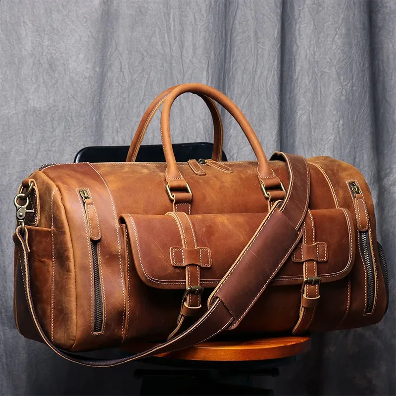 Vintage Genuine Leather Travel Bag Large Luggage Bag Men Leather Duffle Bag Large