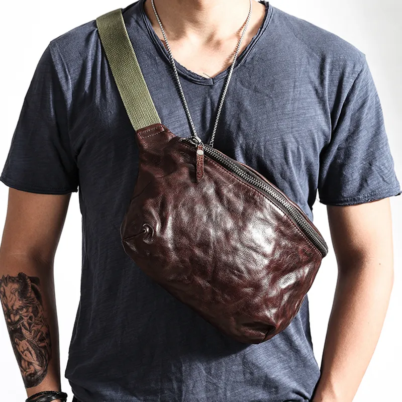 Leather Cowhide Chest Bag Men's Retro Motorcycle C...
