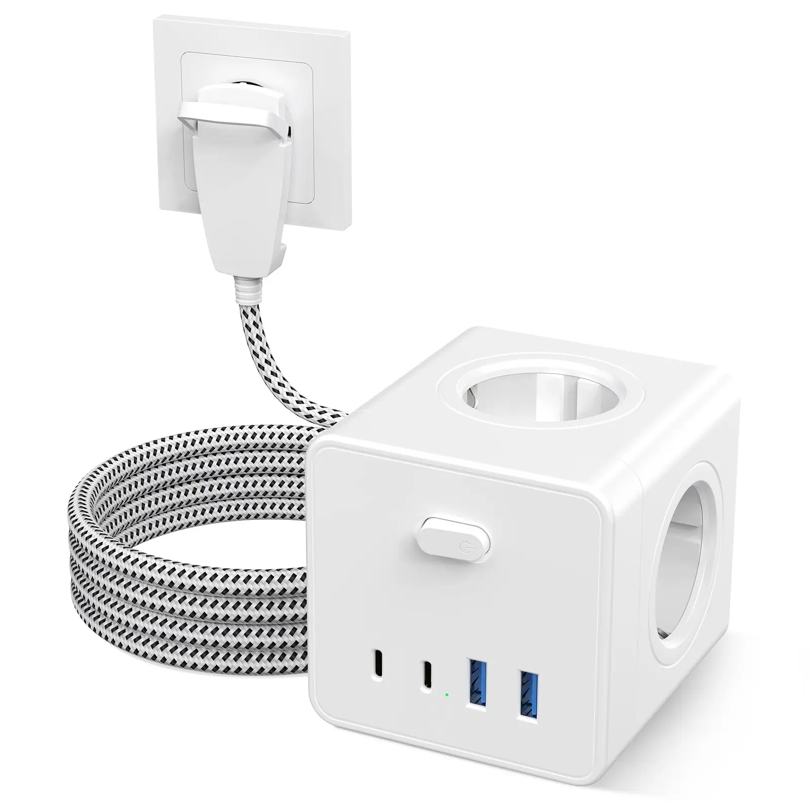 4000W EU Power Strip Wall Plug Multifunction Adapter with 2 USB 2 Type C 3m Extension Cable 4 AC Power Outlet Multiple Sockets