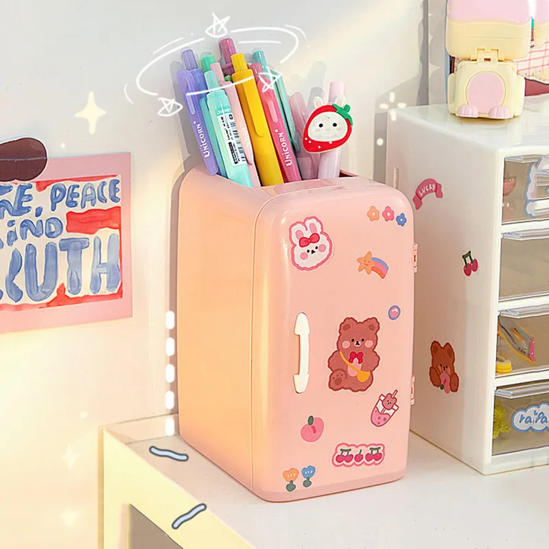 Cute Mini Refrigerator Pen Holder with Stickers Kawaii Plastic Creative Desktop Storage Box