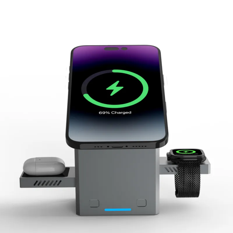 15W 3-in-1 Wireless Charging Station, Foldable and Rotating, Compatible with iPhone, Android Phones, Watches, and Earbuds