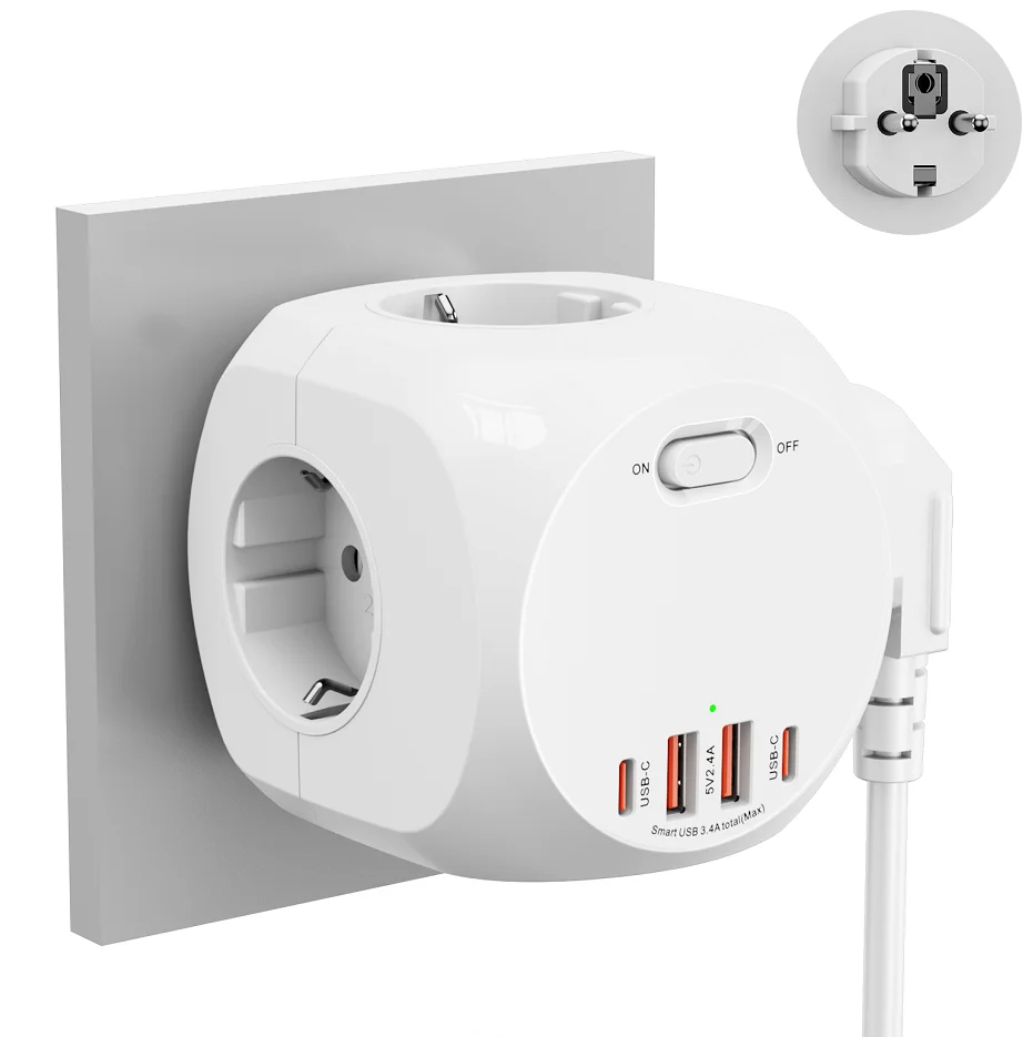 EU Power Strip Cube Multiple Socket With 2 USB A and 2 Type C Ports Switch 4 AC Outlet Wall Plug Power Adapter For Home