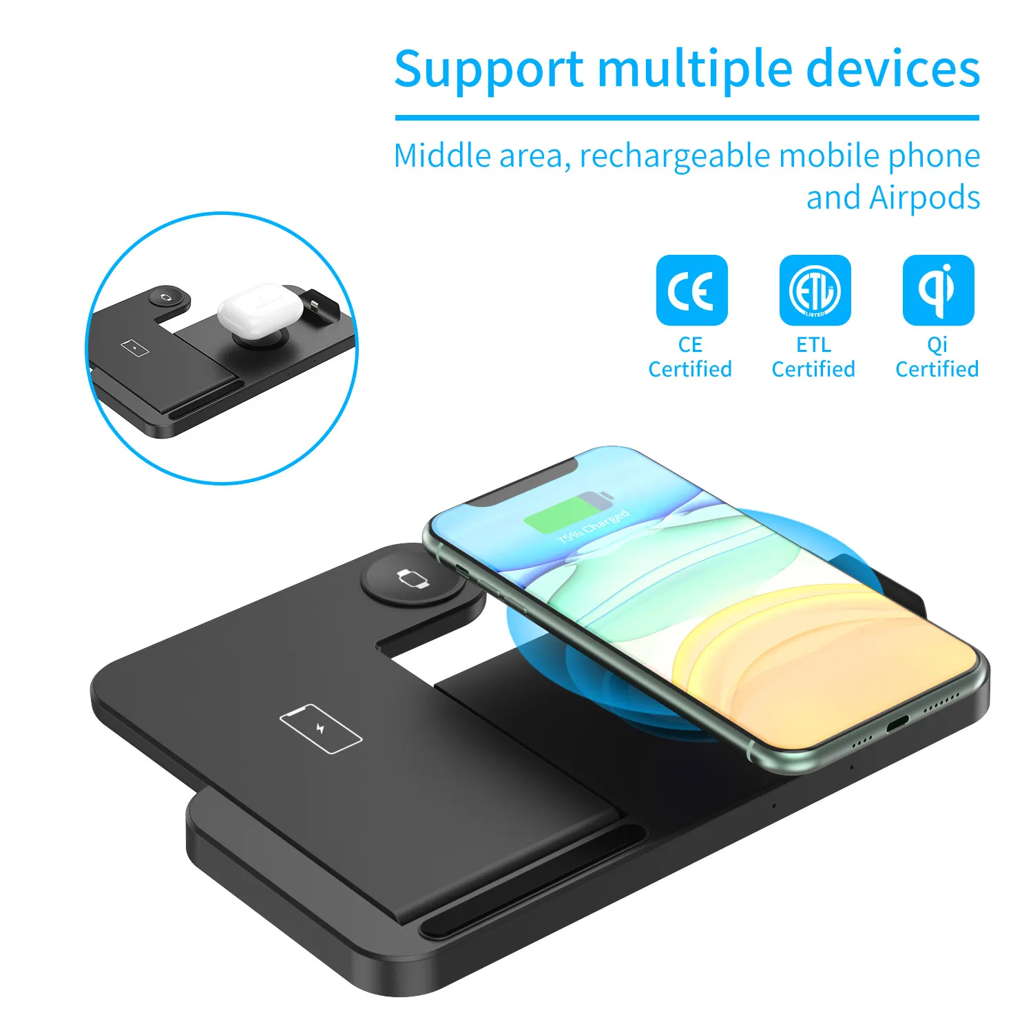 Upgraded 4-in-1 Wireless Charging Dock Folding Desktop Stand for Fast Wireless Charging
