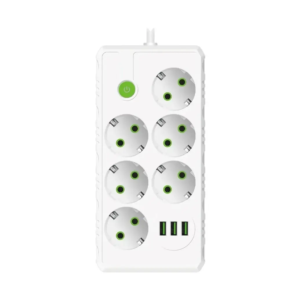 EU Plug Outlet Sockets Multitap Power Strip Electrical Socket 2m Extension Cord with 3 USB Ports 2500W Max Power