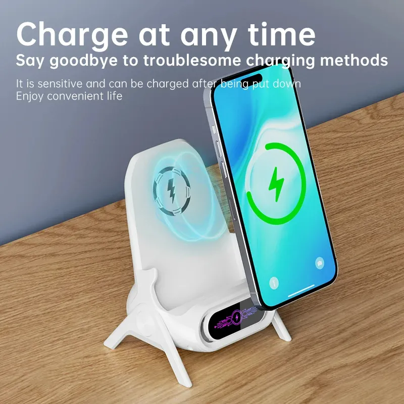 3-in-1 Mini Wireless Charging Station with Phone Stand, 15W Fast Charging, and Speaker Function for All Phones