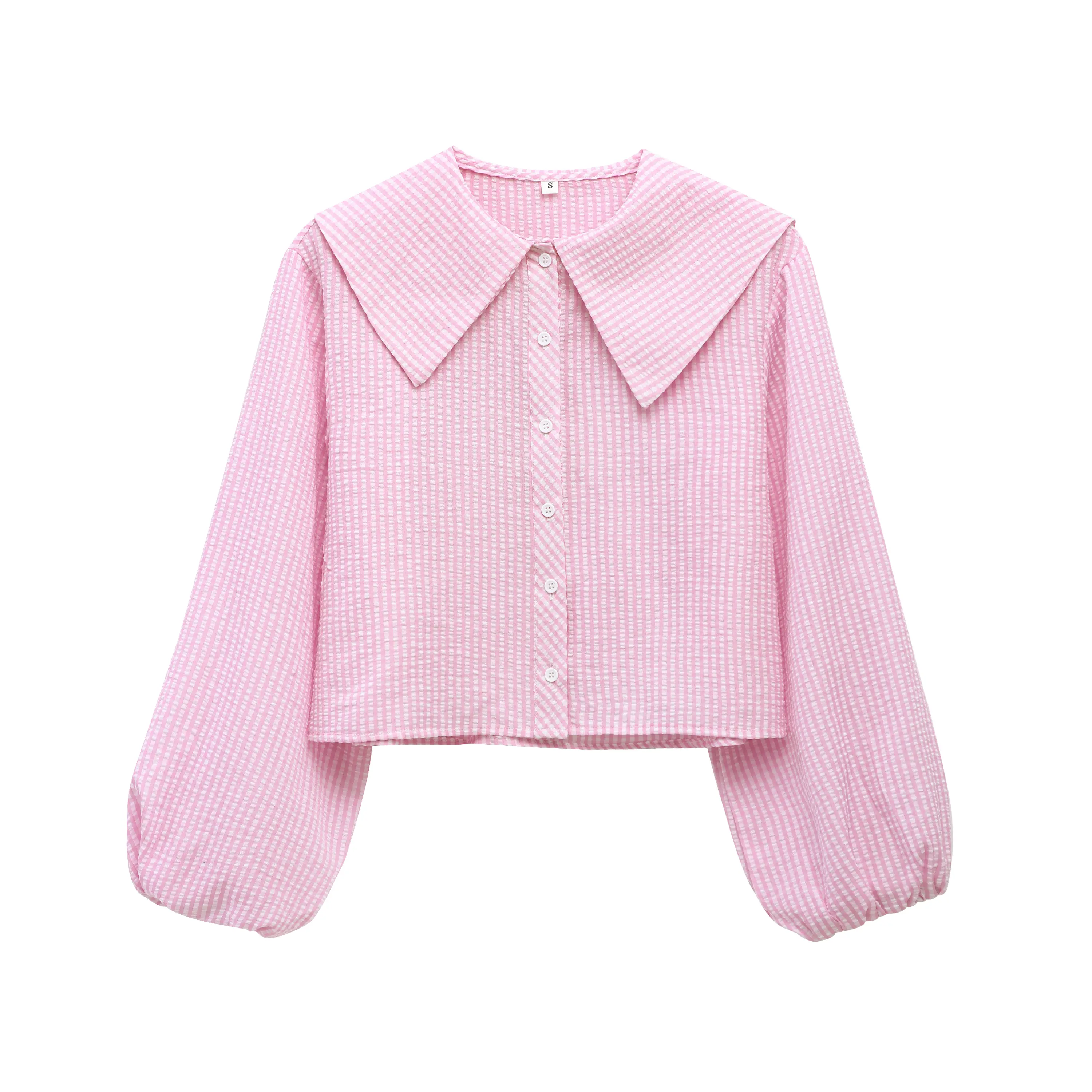 Women's Plaid Shirt Pan Collar Top Long Sleeve Single Breasted Shirt Cute Sweet Girls Loose Shirt