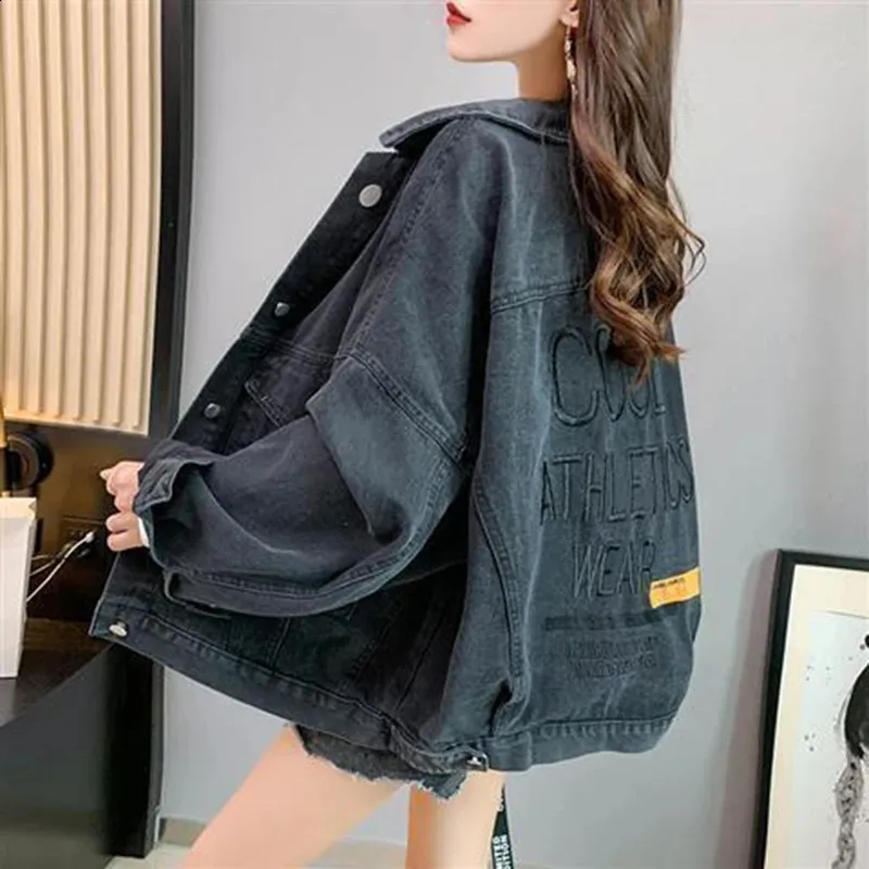 Women's Oversized Streetwear Denim Jacket Vintage Letter Embroidery Loose Casual All Match Outwear