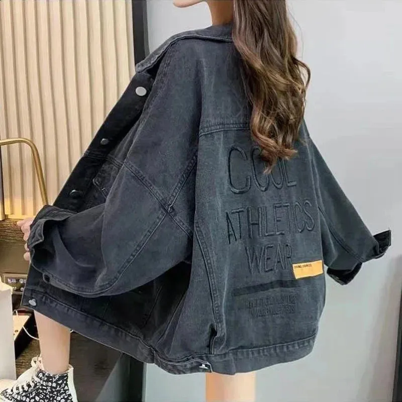 Women's Oversized Streetwear Denim Jacket Vintage Letter Embroidery Loose Casual All Match Outwear