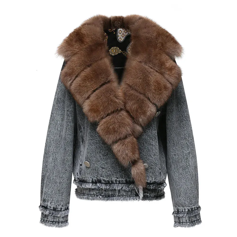 Women's Real Fur Denim Coat - Fox Fur Collar Jean ...