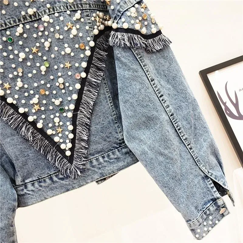 Women's Spring Autumn Denim Jacket - Streetwear Studded Pearls Punk Tassel Short Loose Jean Coat Veste Femme