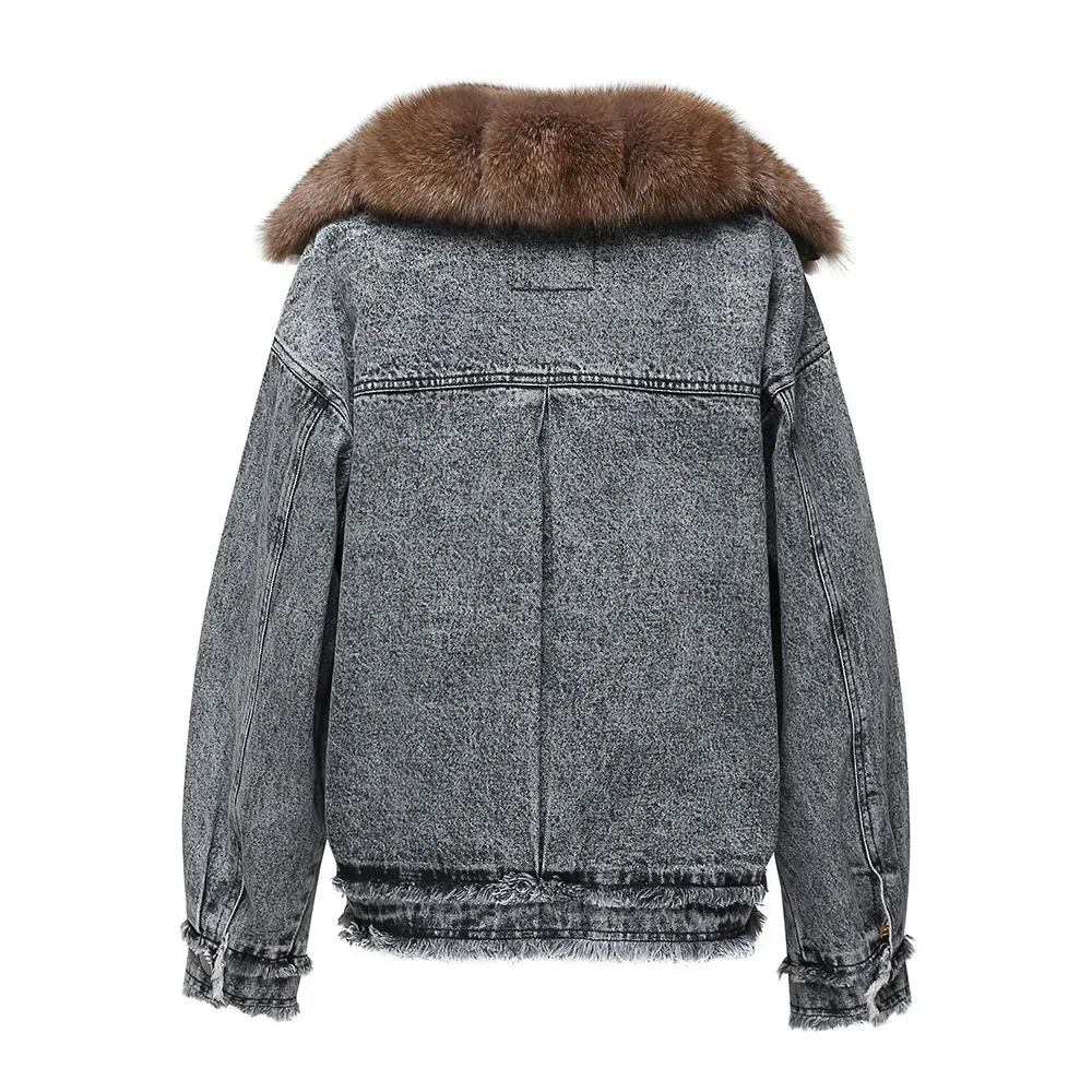 Women's Real Fur Denim Coat - Fox Fur Collar Jean Jacket Streetwear Elegant Overcoat