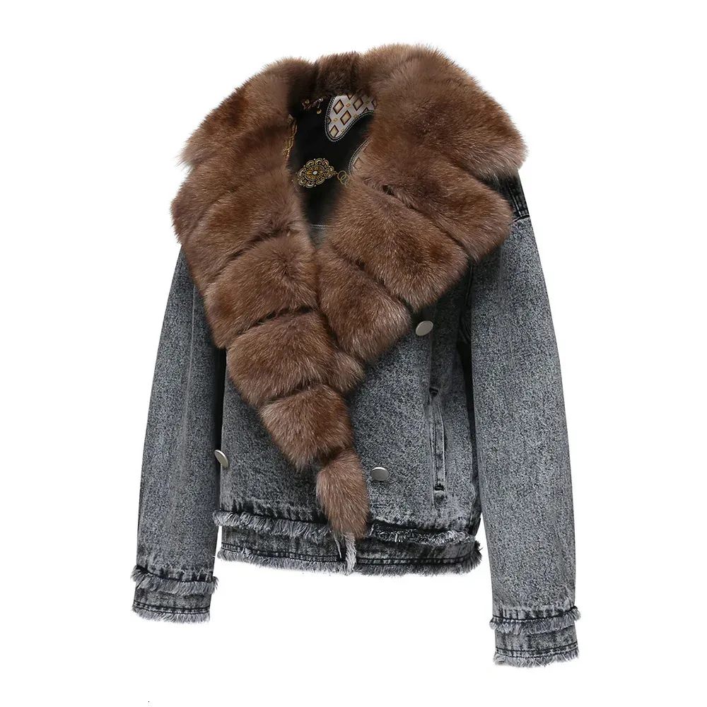 Women's Real Fur Denim Coat - Fox Fur Collar Jean Jacket Streetwear Elegant Overcoat