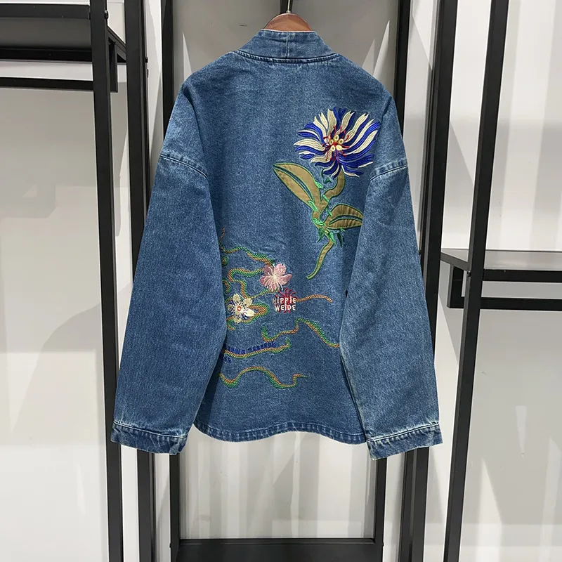 Autumn Winter Street Style Embroidered Flower Patch Robe Denim Jacket