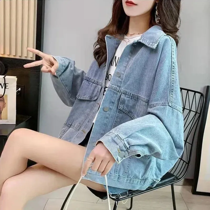 Women's Oversized Streetwear Denim Jacket Vintage Letter Embroidery Loose Casual All Match Outwear