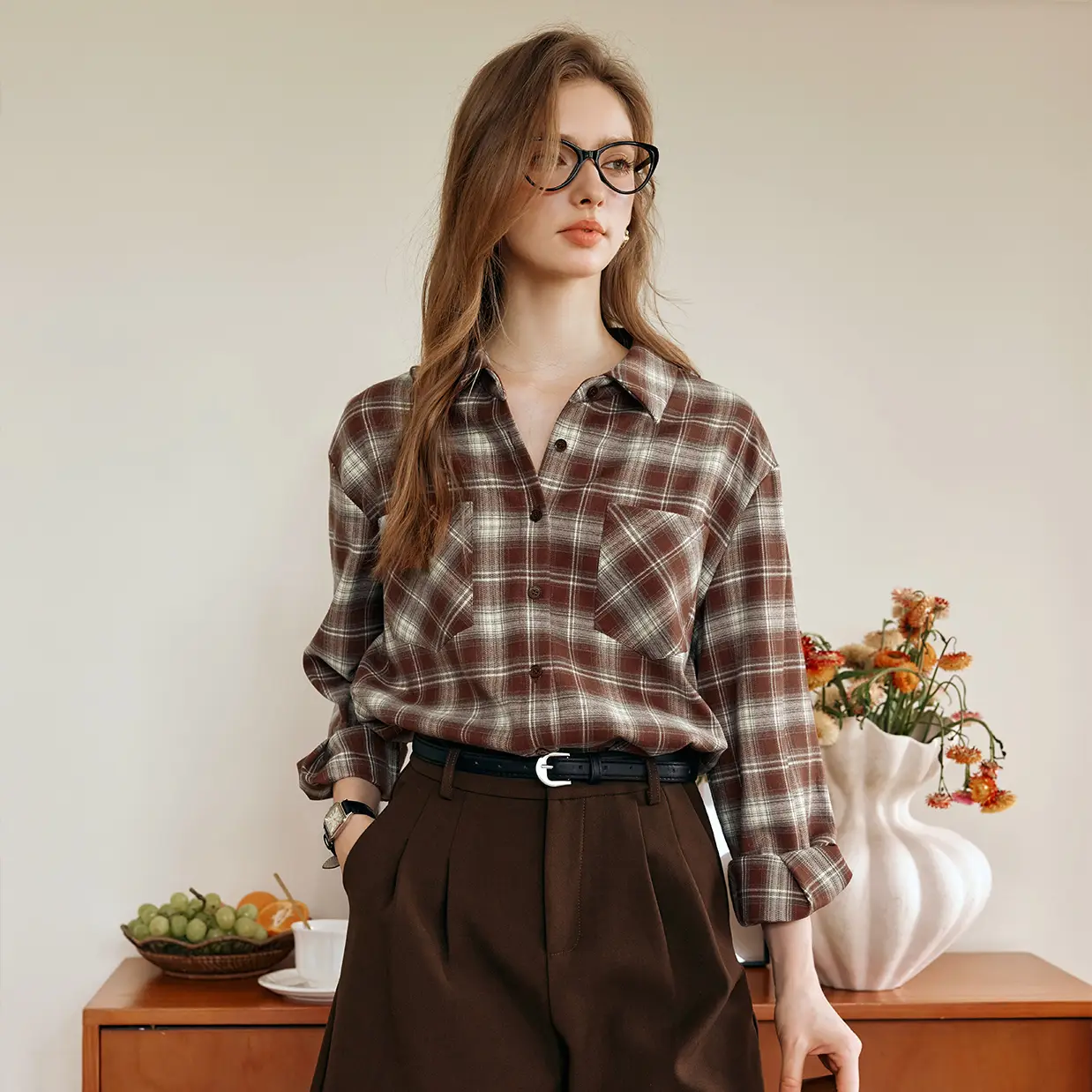 Plaid Long-Sleeved Shirt Women's Retro Lazy Commuter Plaid Top