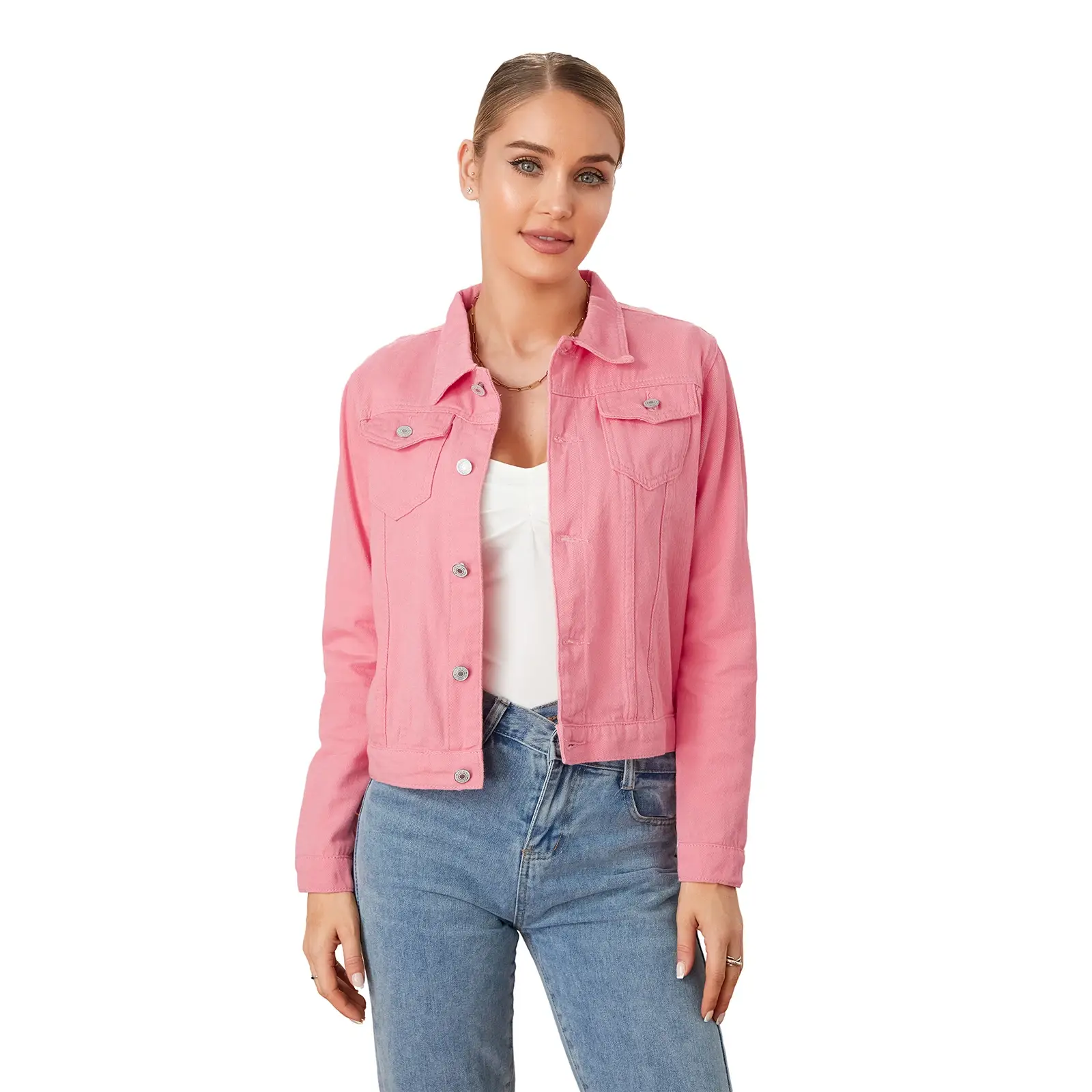 Fall Winter Women's Solid Denim Jacket Casual Slim Fit Jean Coat Button Down Chest Pocket Outwear