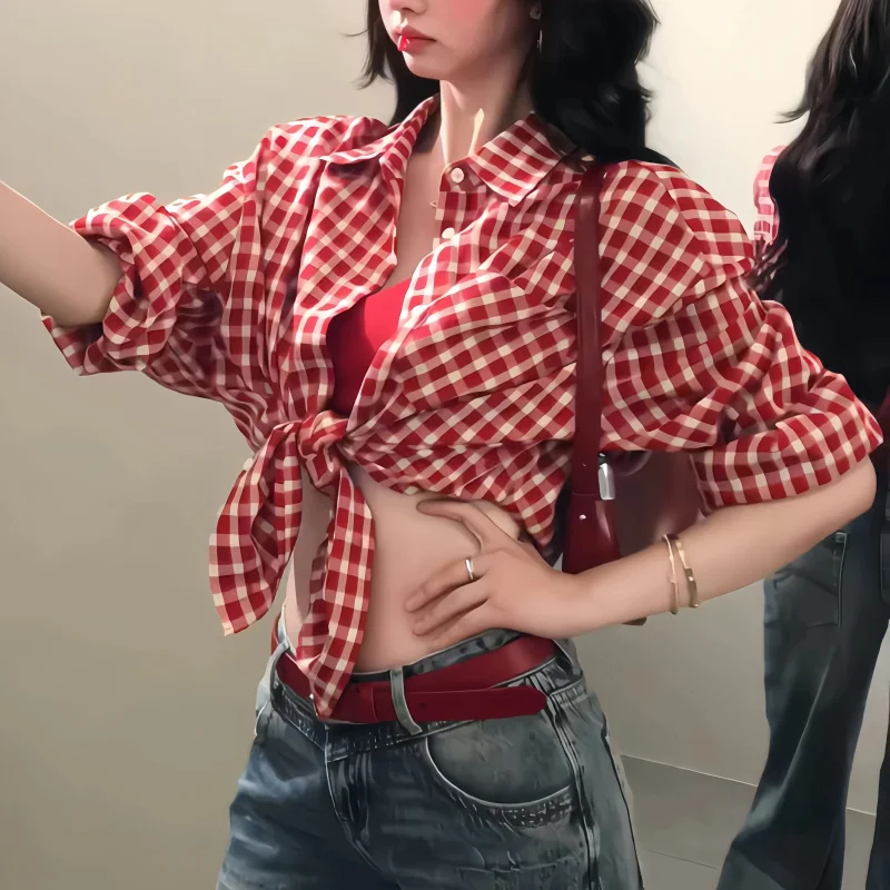 Red Retro Plaid Short-Sleeved Shirt Women's Fashion Summer New Casual Loose Shirt Tops
