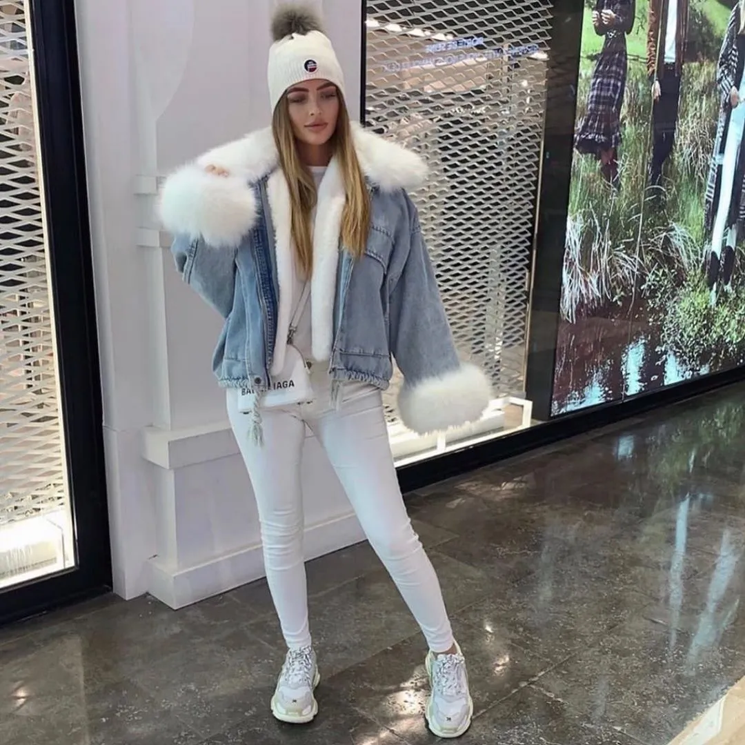 Women's Winter Denim Jacket - Faux Fur Collar Thick Loose Casual Long Sleeve Woolen Streetwear Outwear