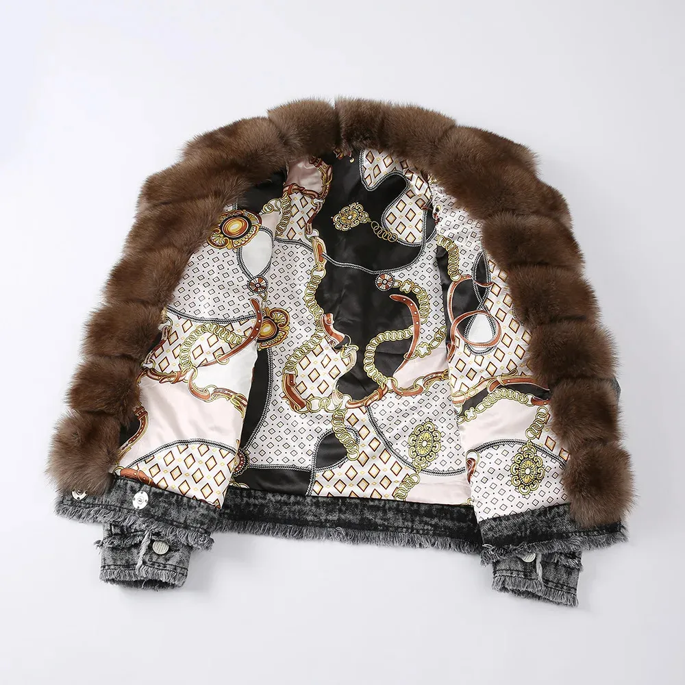 Women's Real Fur Denim Coat - Fox Fur Collar Jean Jacket Streetwear Elegant Overcoat