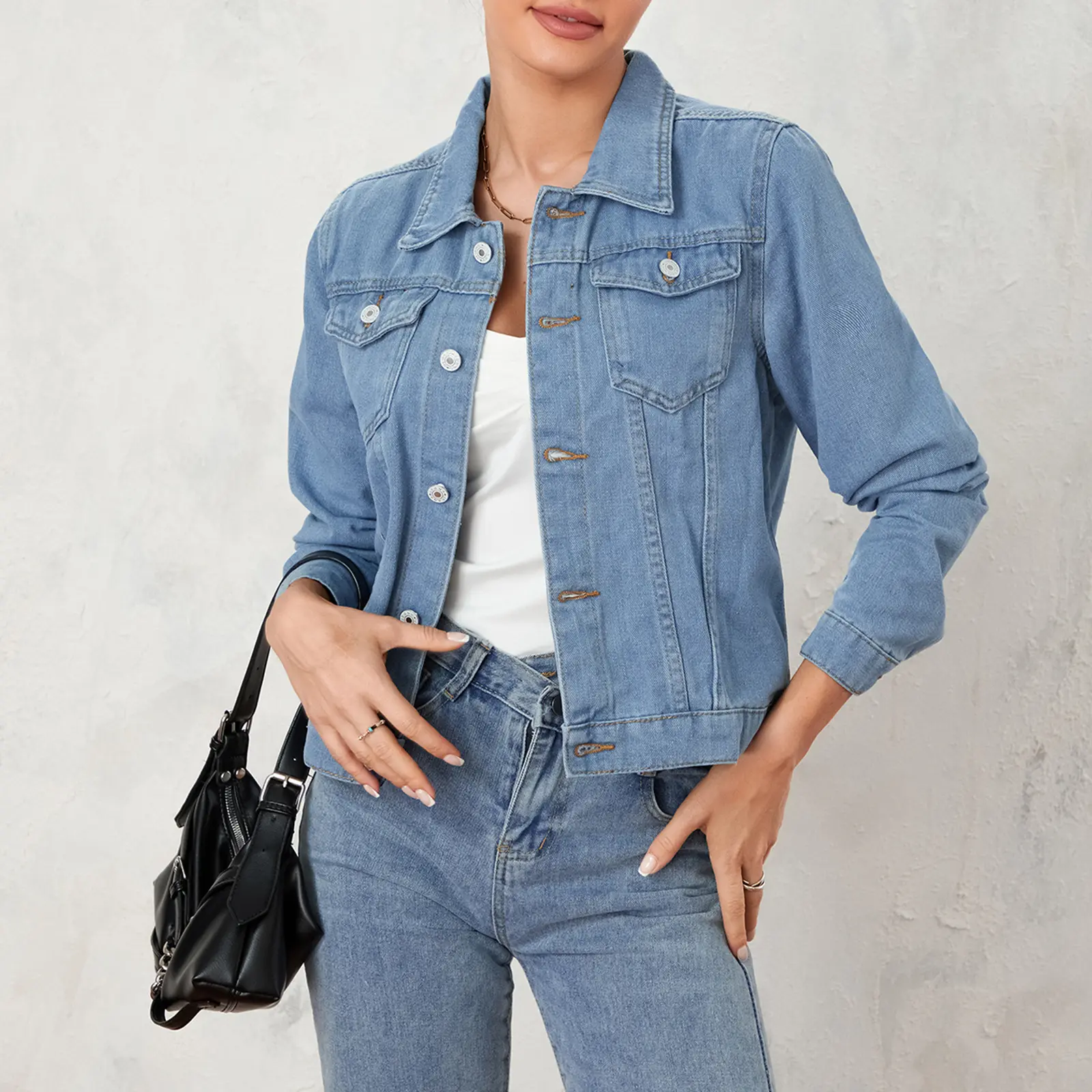 Fall Winter Women's Solid Denim Jacket Casual Slim Fit Jean Coat Button Down Chest Pocket Outwear