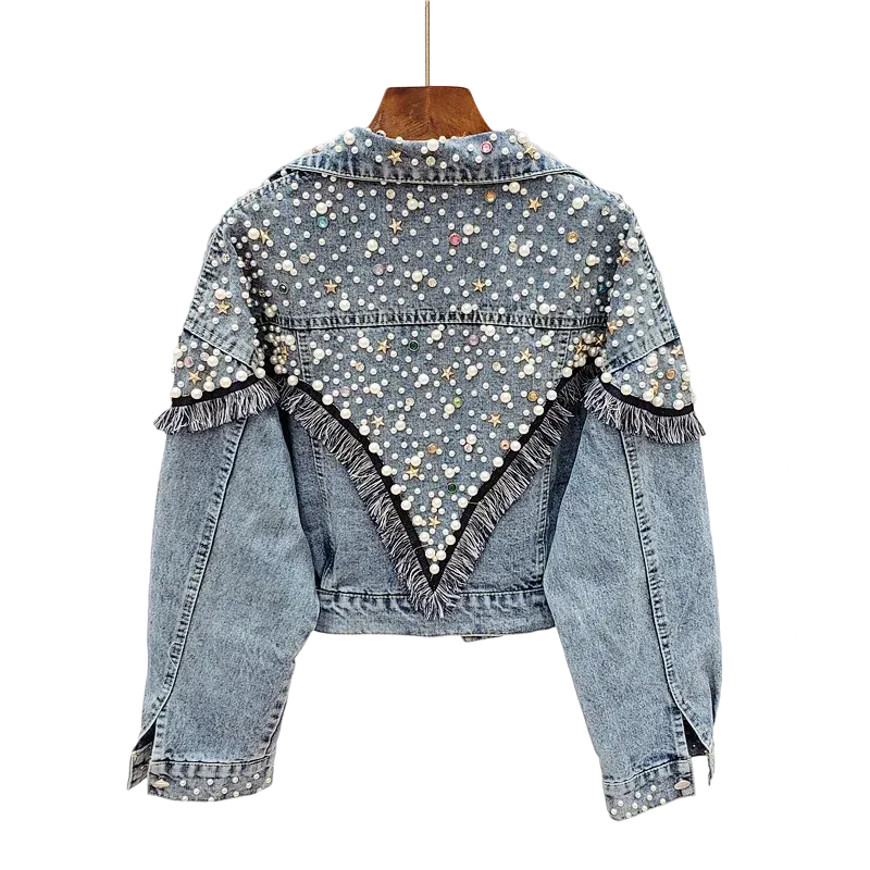 Women's Spring Autumn Denim Jacket - Streetwear Studded Pearls Punk Tassel Short Loose Jean Coat Veste Femme