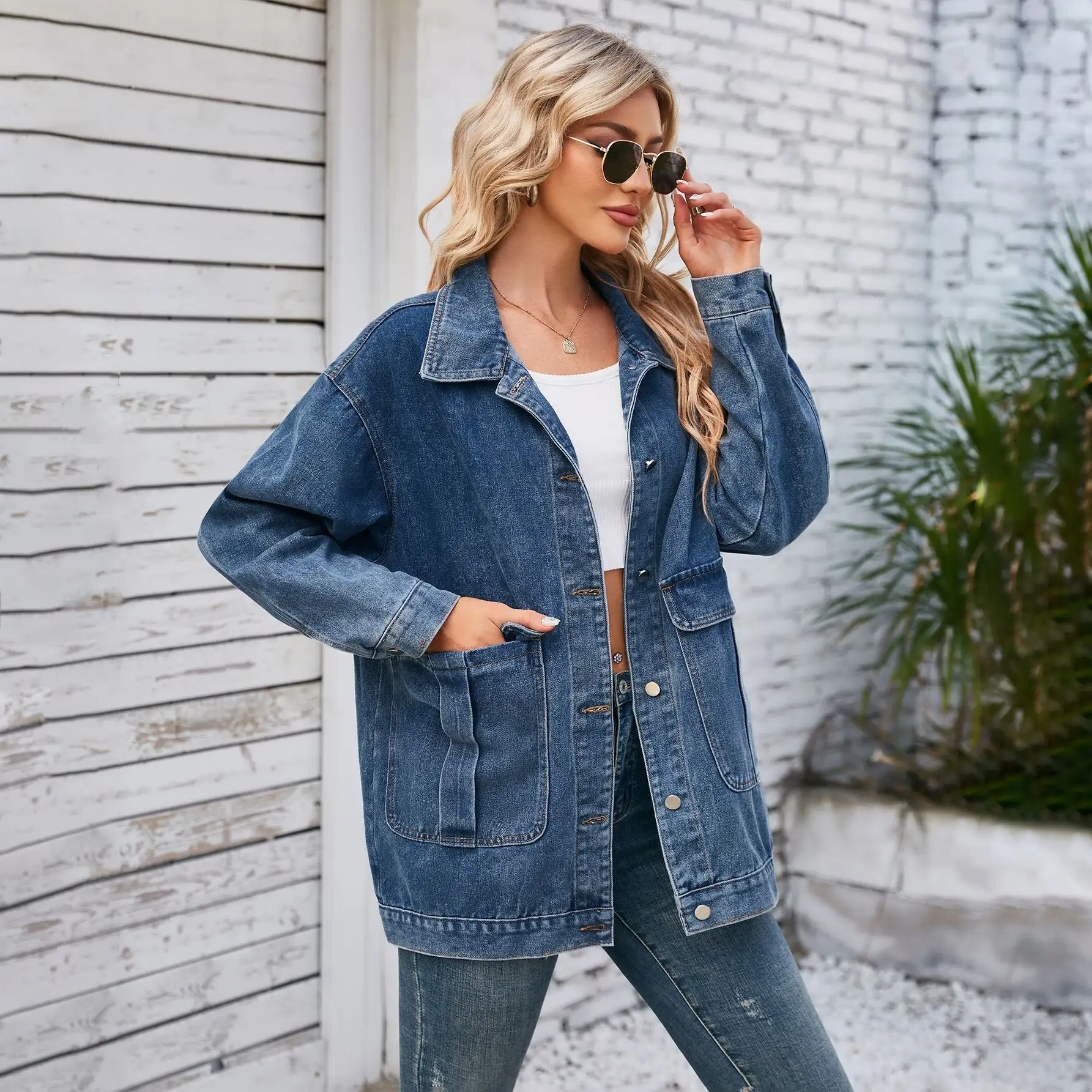 Autumn Women's Jeans Jacket Solid Lapel Collar Single Breasted Pocket Washed Casual Top For Ladies