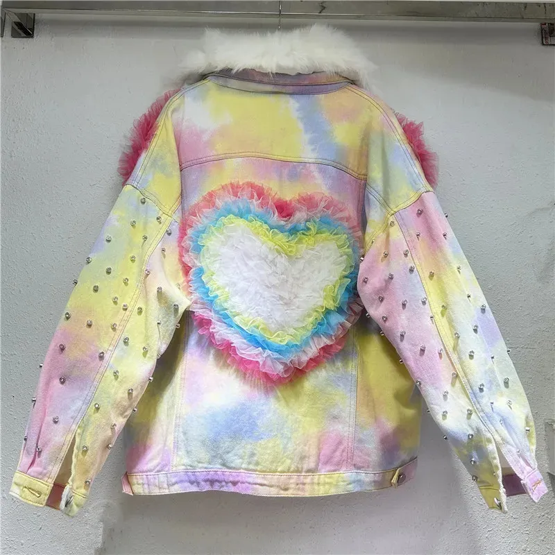 Women's Casual Denim Jacket Gradient Tie Dye Heart Bead Patch Warm Faux Fur Lining Long Sleeve Coat
