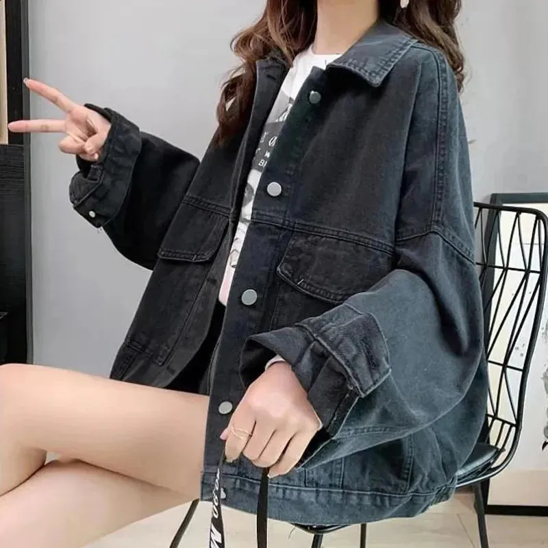 Women's Oversized Streetwear Denim Jacket Vintage Letter Embroidery Loose Casual All Match Outwear