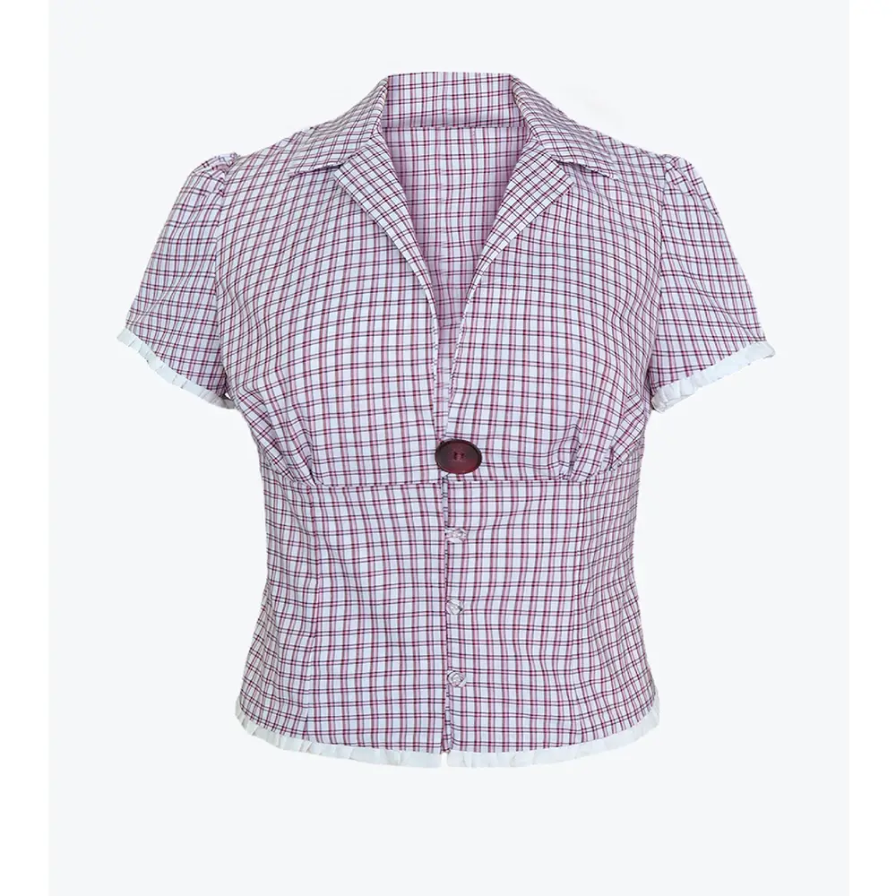 Plaid Fashion Summer Women's Shirt Button Slim Cropped Top Cardigan Short Sleeve Top