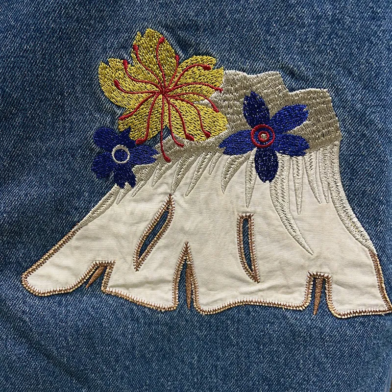 Autumn Winter Street Style Embroidered Flower Patch Robe Denim Jacket