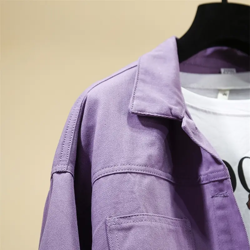 Women's Denim Jacket - Spring Autumn Short Loose Solid Coat With Pockets Long Sleeve Single Breasted Outwear