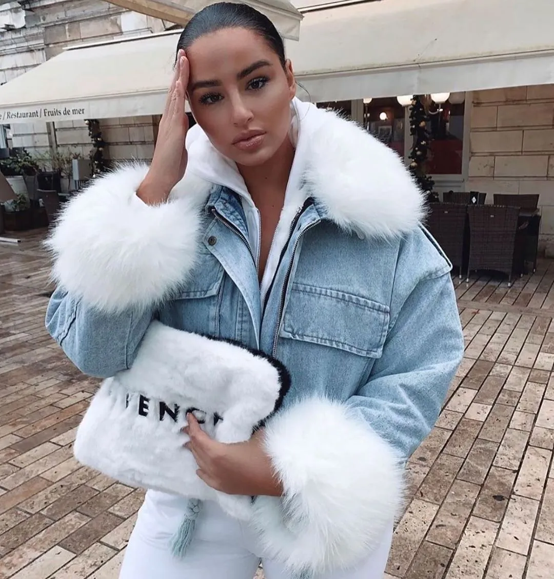 Women's Winter Denim Jacket - Faux Fur Collar Thick Loose Casual Long Sleeve Woolen Streetwear Outwear