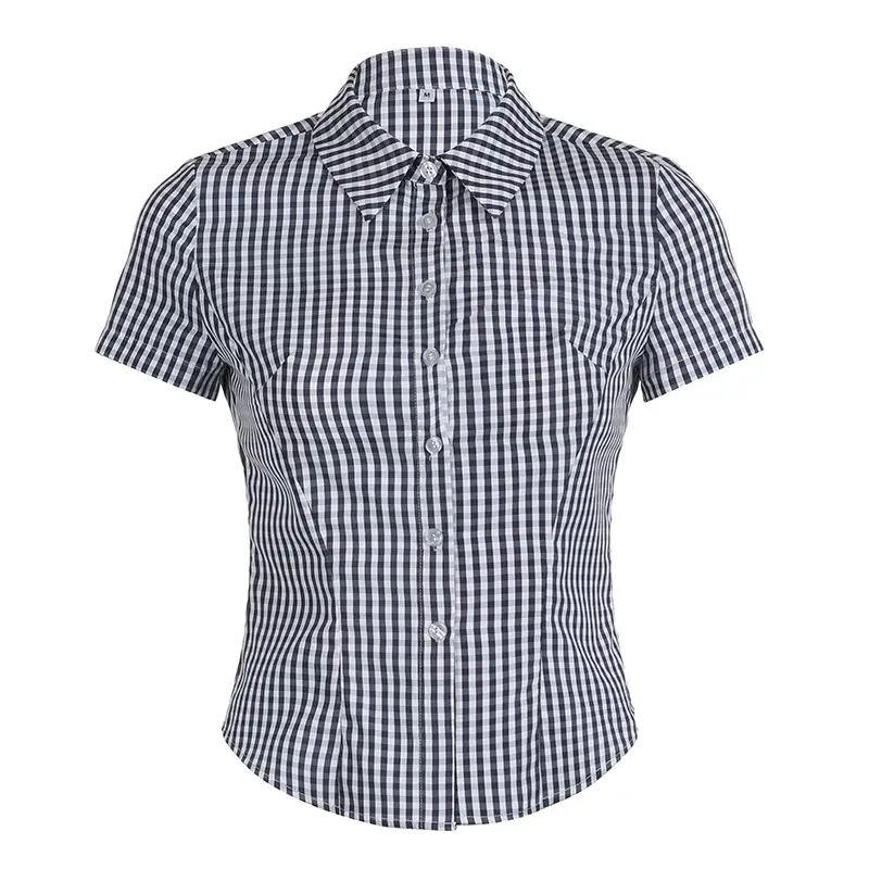 Retro Fashion Plaid Shirt Women's Cropped Top Button Cardigan Casual Shirt Short Sleeve