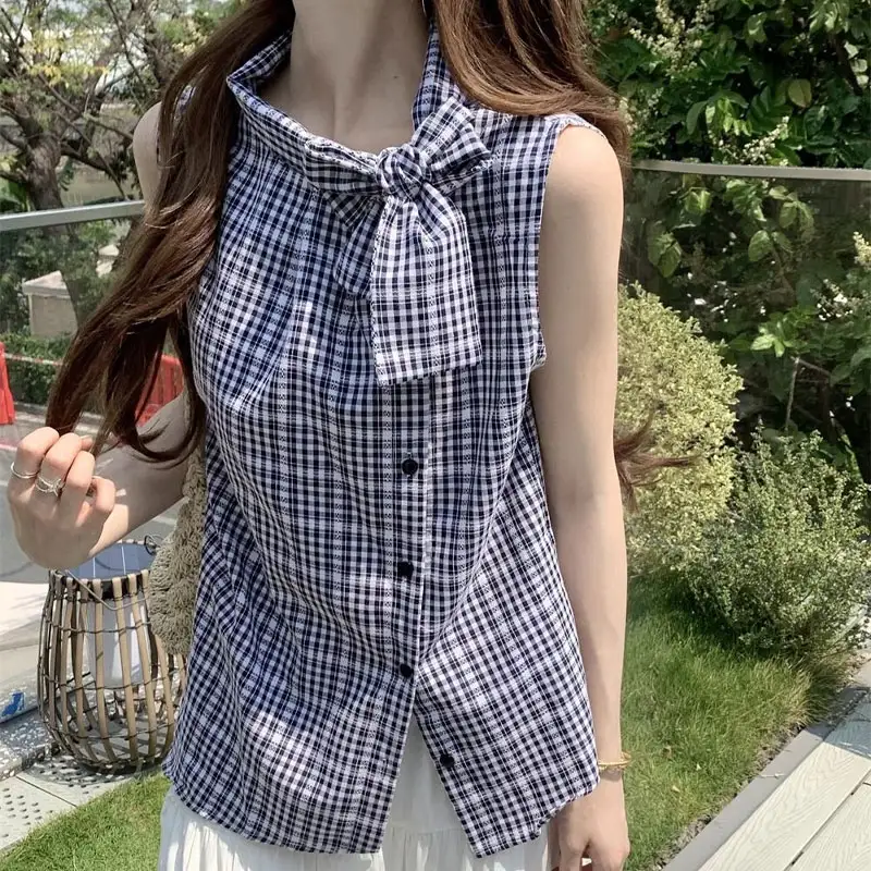 Scarf Collar Plaid Shirt Summer Casual Sleeveless Women's Basic Style Fashionable Bow Button Commuting Elegant Pleated Top