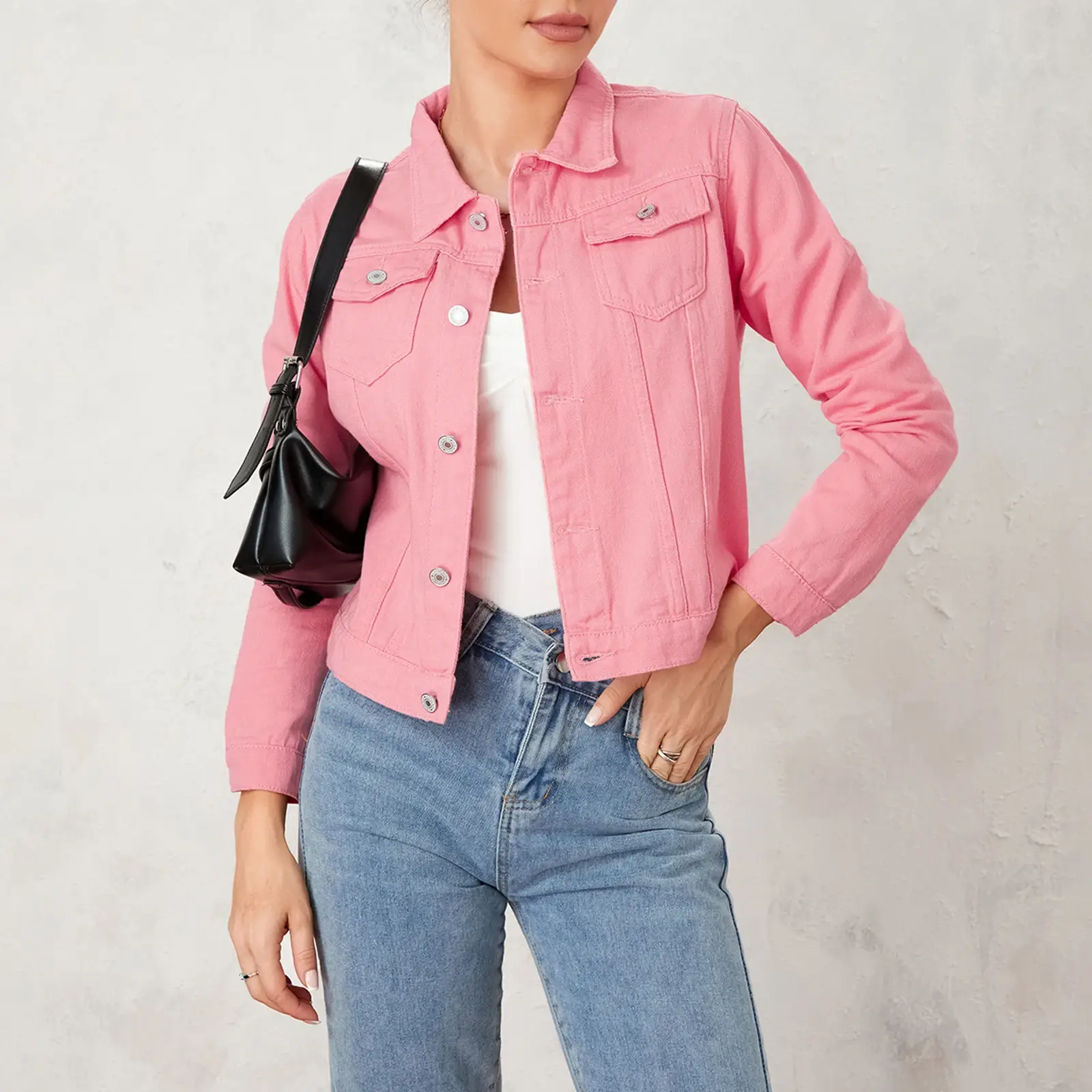 Fall Winter Women's Solid Denim Jacket Casual Slim Fit Jean Coat Button Down Chest Pocket Outwear