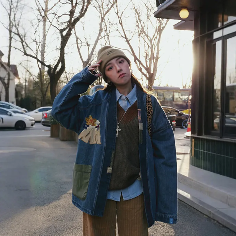 Autumn Winter Street Style Embroidered Flower Patch Robe Denim Jacket
