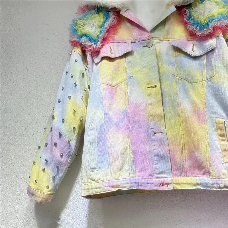 Women's Casual Denim Jacket Gradient Tie Dye Heart Bead Patch Warm Faux Fur Lining Long Sleeve Coat