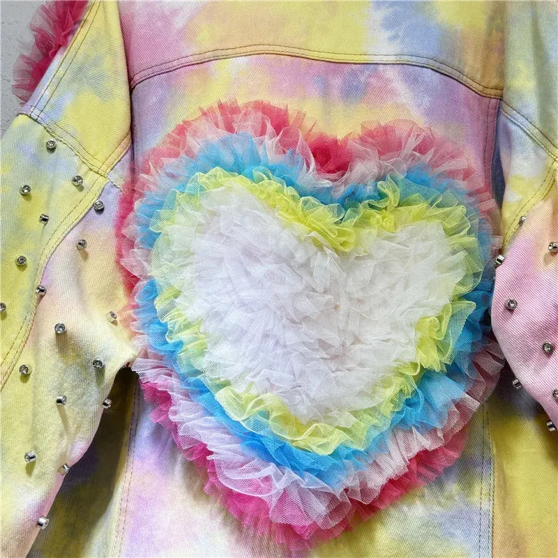 Women's Casual Denim Jacket Gradient Tie Dye Heart Bead Patch Warm Faux Fur Lining Long Sleeve Coat