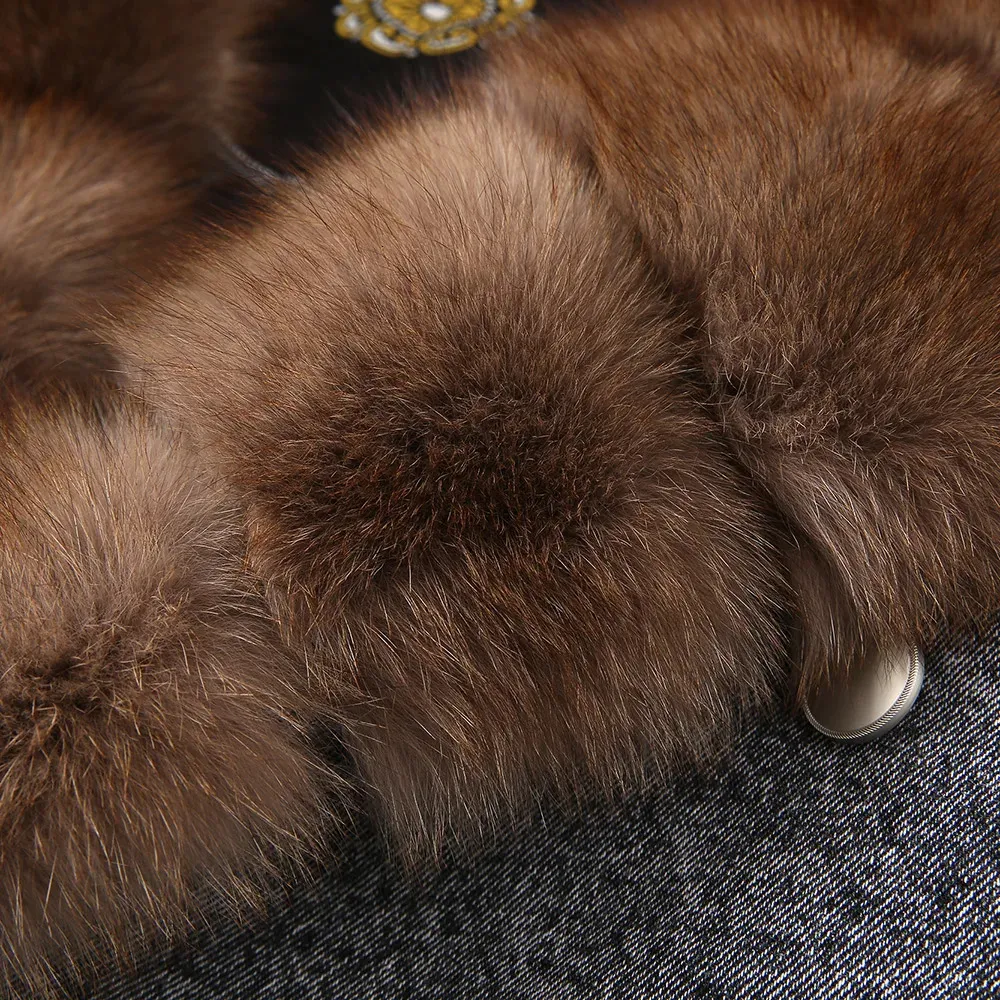 Women's Real Fur Denim Coat - Fox Fur Collar Jean Jacket Streetwear Elegant Overcoat
