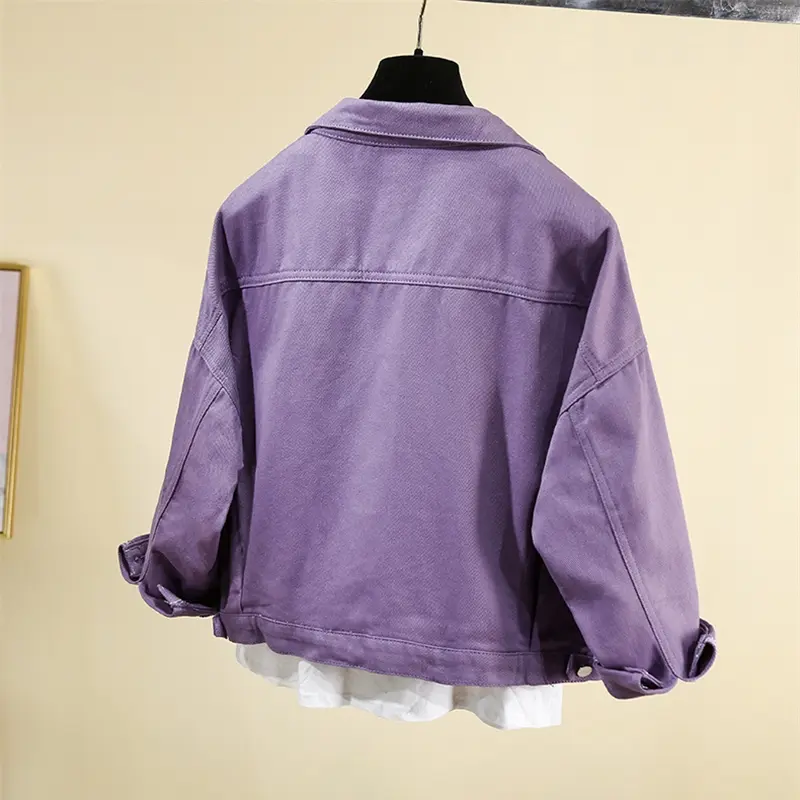 Women's Denim Jacket - Spring Autumn Short Loose Solid Coat With Pockets Long Sleeve Single Breasted Outwear